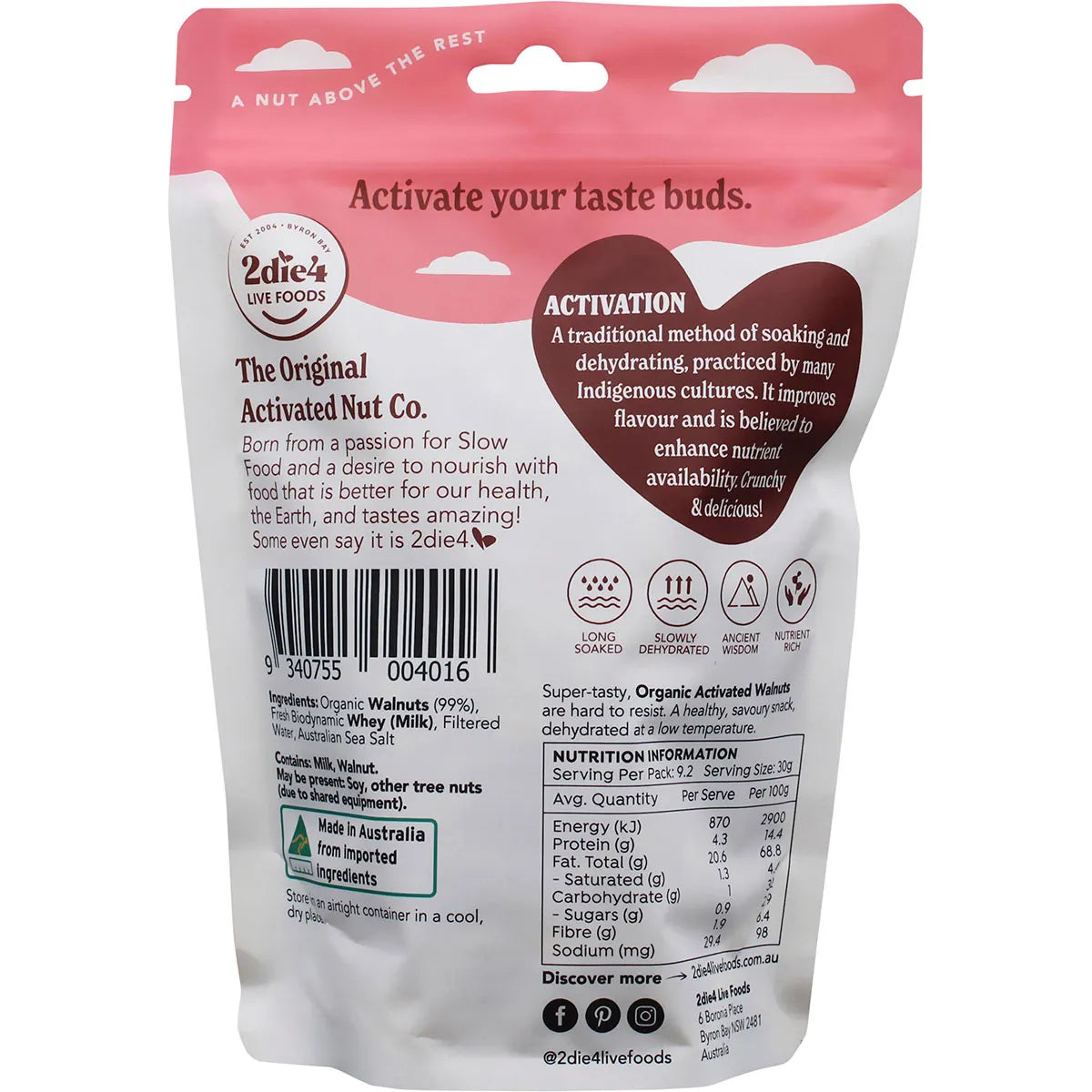2Die4 Live Foods Organic Activated Walnuts With Fresh Whey 275g