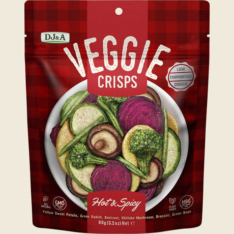 DJ&A Veggie Crisps Hot & Spicy 9x90g front