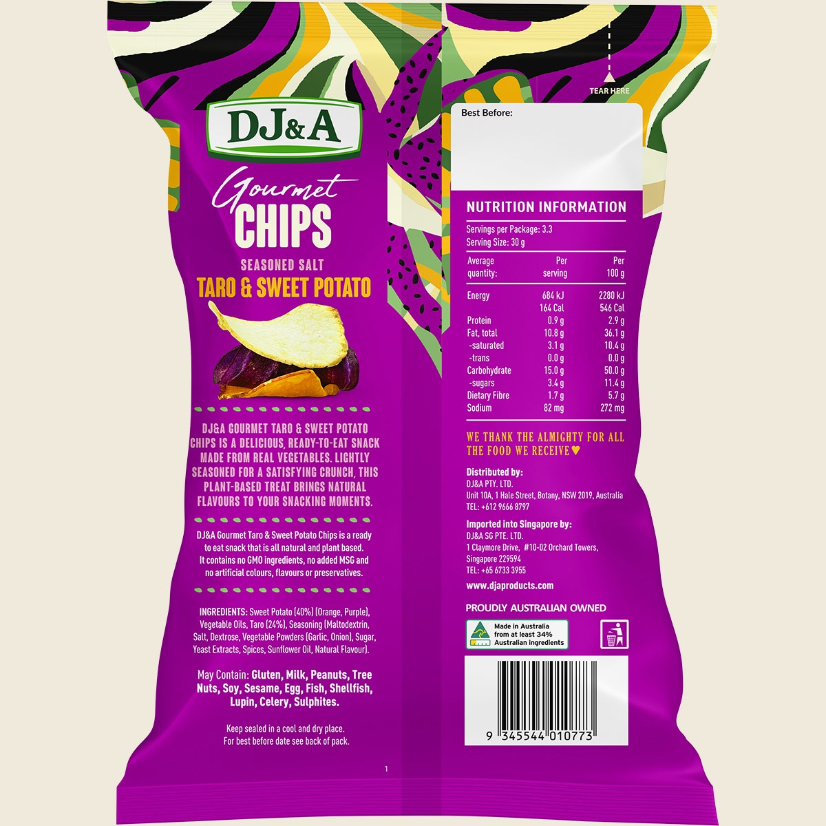 DJ&A Gourmet Chips Taro & Sweet Potato Seasoned Salt 5x100g back