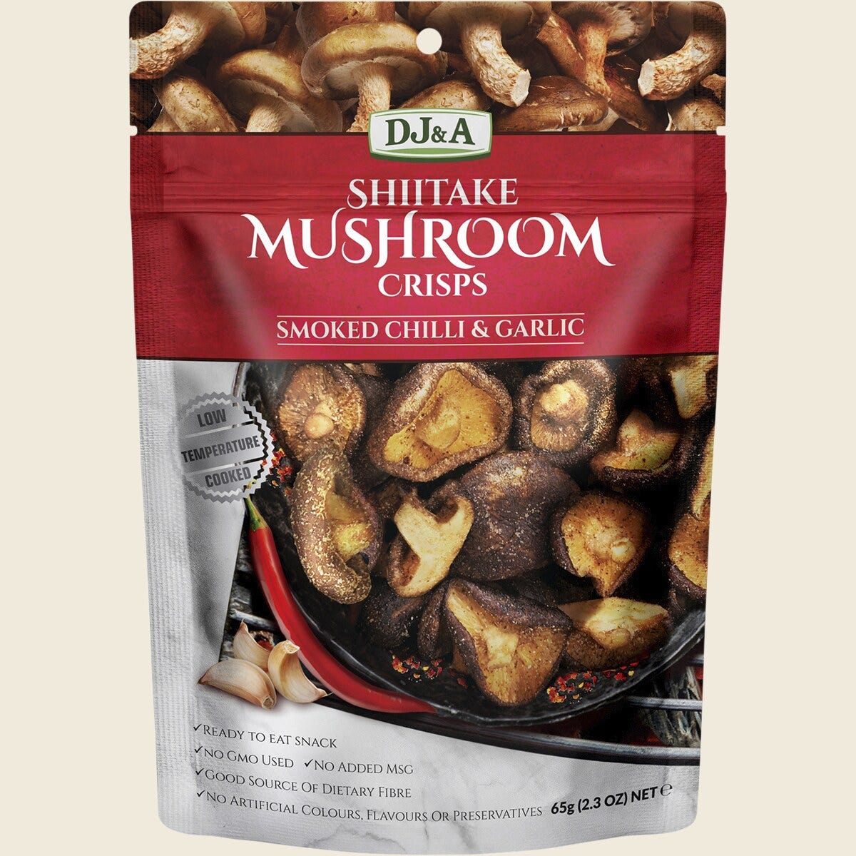 DJ&A Shiitake Mushroom Crisps Smoked Chilli & Garlic 9x65g front