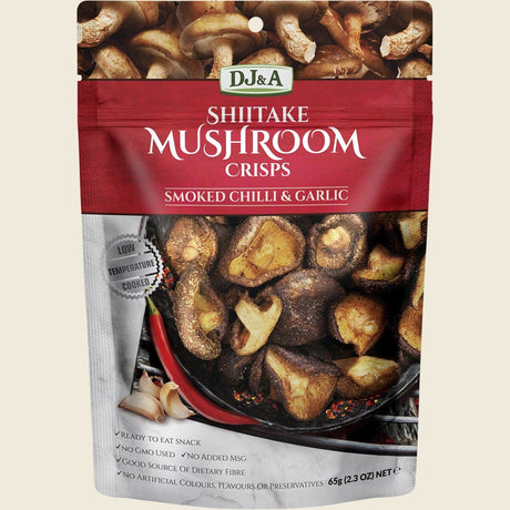 DJ&A Shiitake Mushroom Crisps Smoked Chilli & Garlic 9x65g front