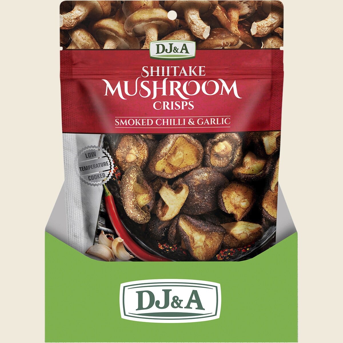 DJ&A Shiitake Mushroom Crisps Smoked Chilli & Garlic 9x65g display
