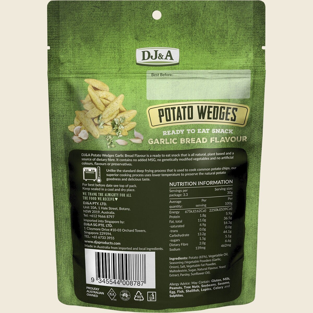 DJ&A Potato Wedges Garlic Bread Flavour 9x100g back