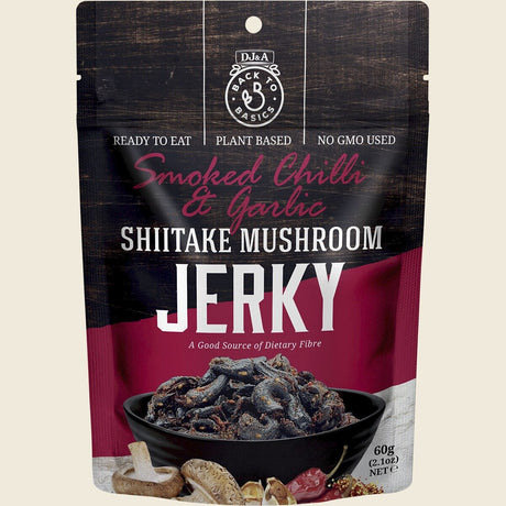 DJ&A Shiitake Mushroom Jerky Smoked Chilli & Garlic 12x60g front