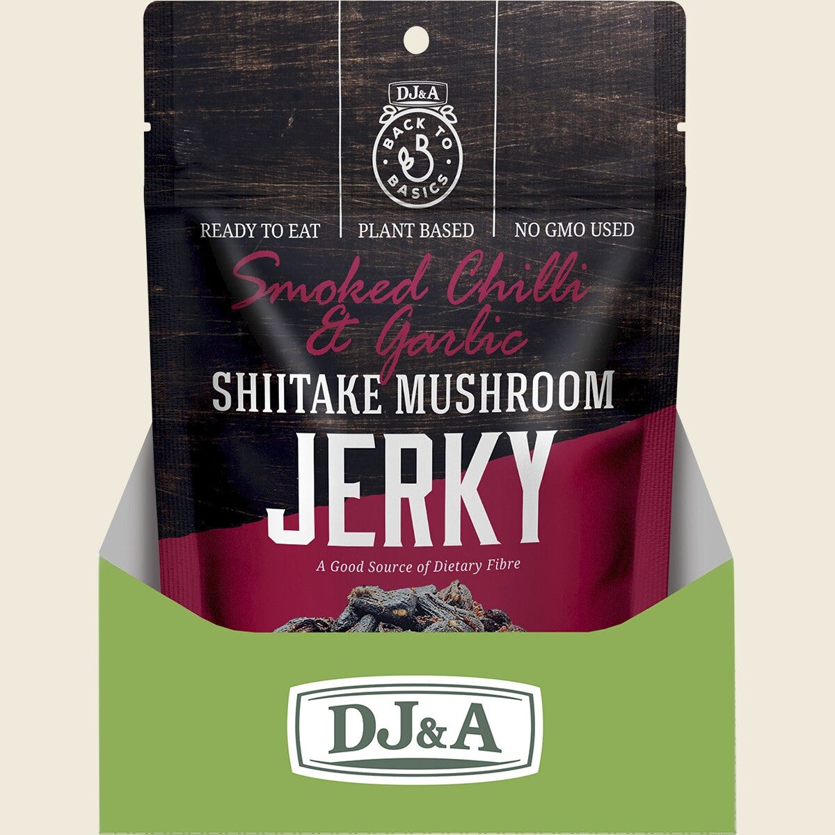 DJ&A Shiitake Mushroom Jerky Smoked Chilli & Garlic 12x60g display