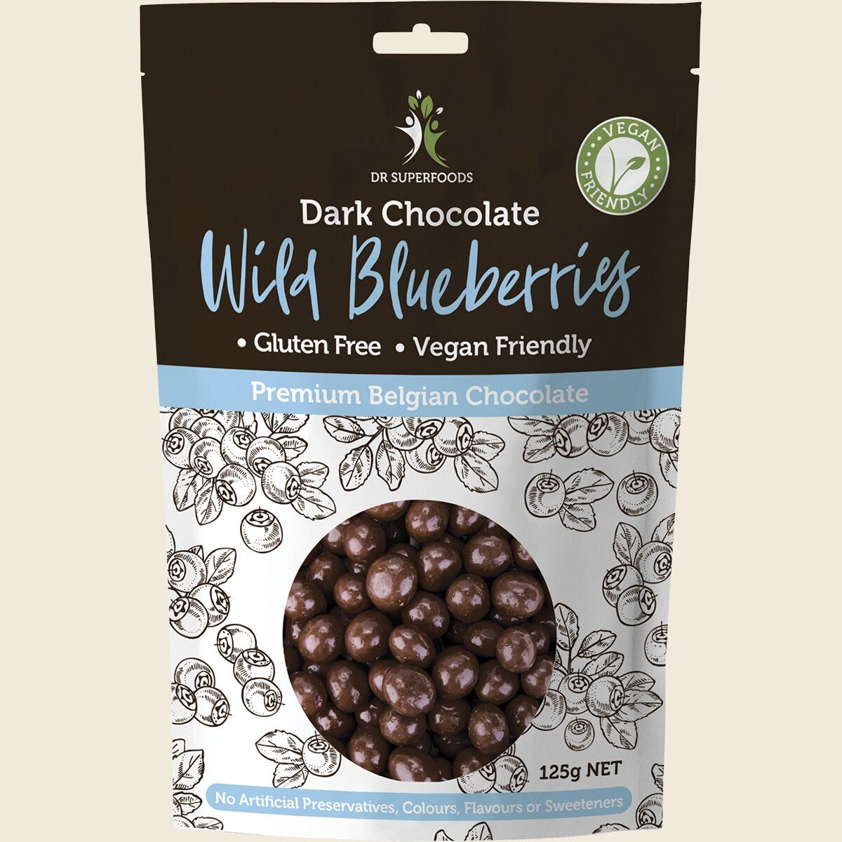 Dr Superfoods Wild Blueberries Dark Chocolate 125g Front