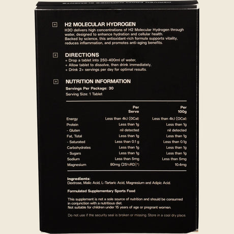 ELMNT H2 Molecular Hydrogen Water Tablets Natural 30 Tabs Back