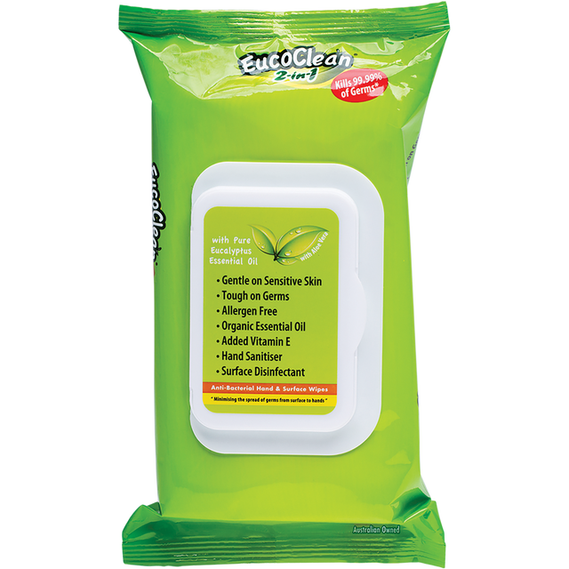 Eucoclean 2-in-1 Anti-Bacterial Hand & Surface Wipes - 60 pack front view