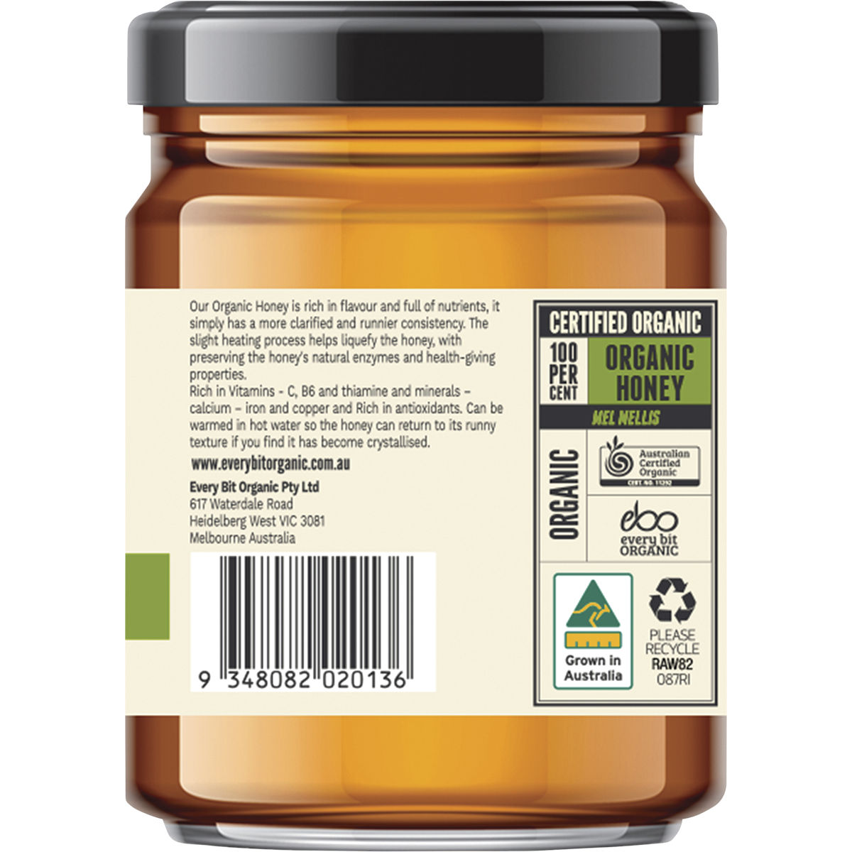 Every Bit Organic Certified Organic Raw Honey 325g back view