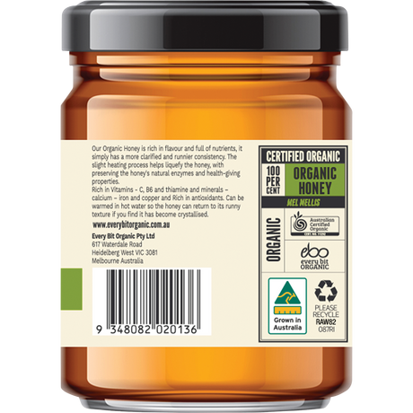Every Bit Organic Certified Organic Raw Honey 325g back view