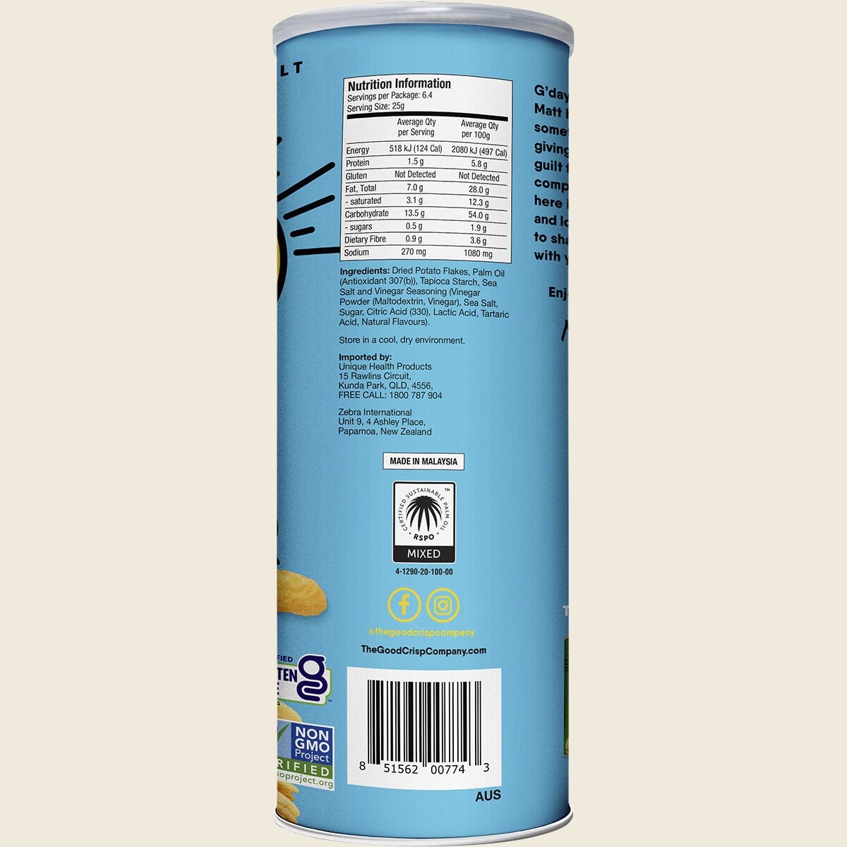 The Good Crisp Company Potato Crisps Sea Salt & Vinegar 160g Pack of 8 Back