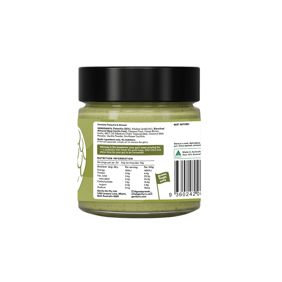 Gevity Rx Goodstachio Pistachio Spread 200g nutrition information panel