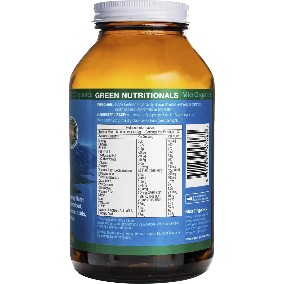 Green Nutritionals Mountain Organic Spirulina Capsules (520mg) - 180 Caps