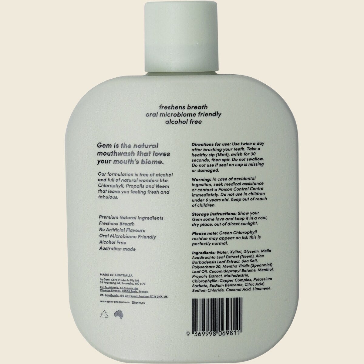 Gem Mouthwash Premium Natural Crisp Mint 500ml (Alcohol Free)