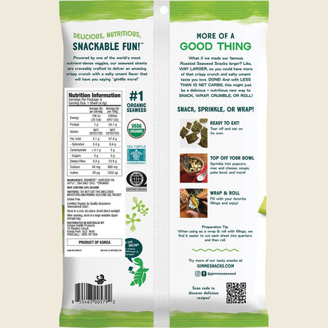 Gimme Roasted Seaweed Big Sheets Sea Salt & Avocado Oil 26g Back