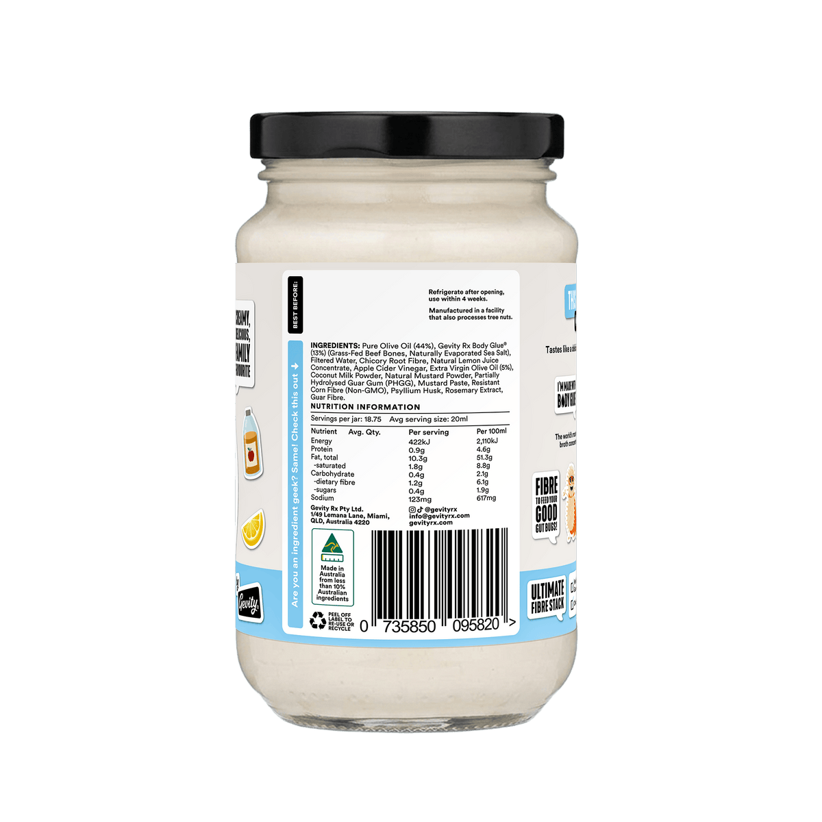 Gevity Rx Original Great Guts Mayo 375ml nutrition information panel