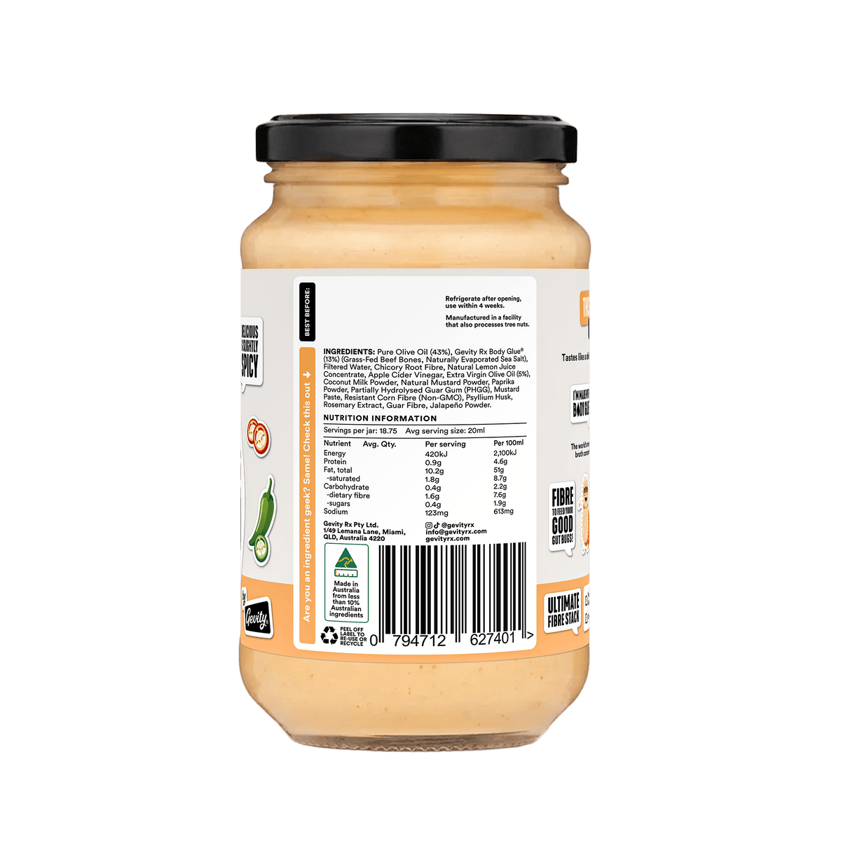Gevity Rx Sriracha Great Guts Mayo 375ml nutrition information panel