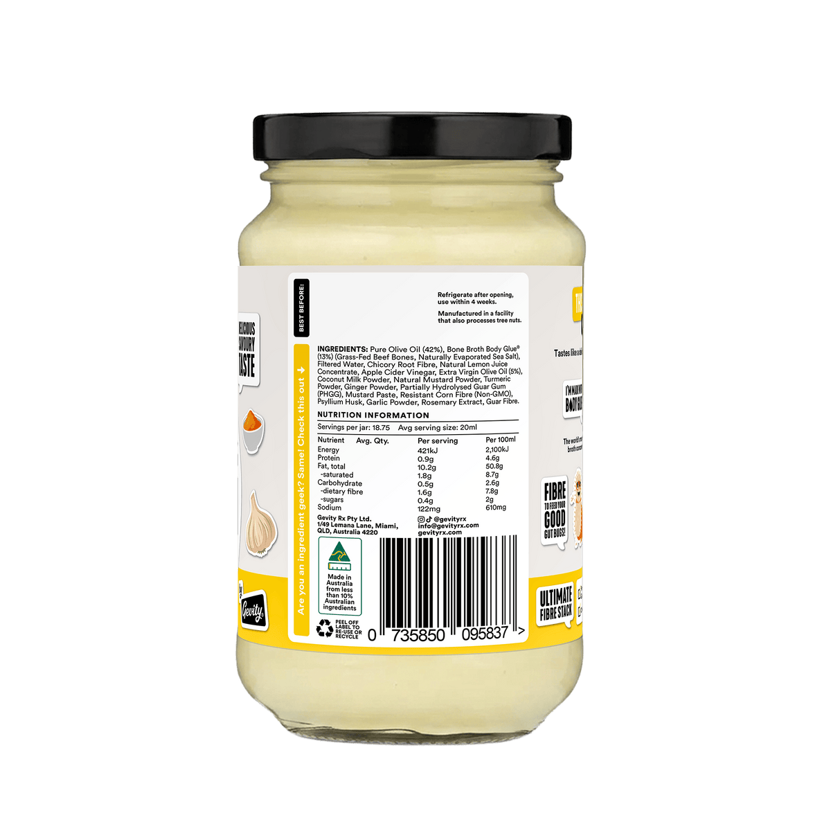 Gevity Rx Turmeric Great Guts Mayo 375ml nutrition information panel