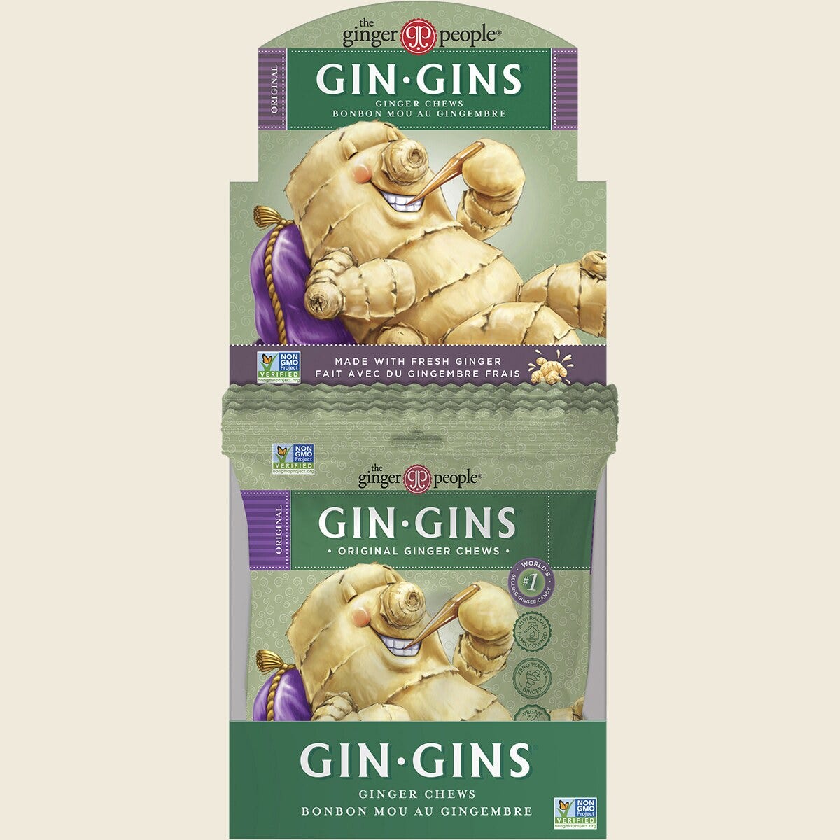 The Ginger People Gin Gins Ginger Candy Bag Chewy Original 12 x 60g Display