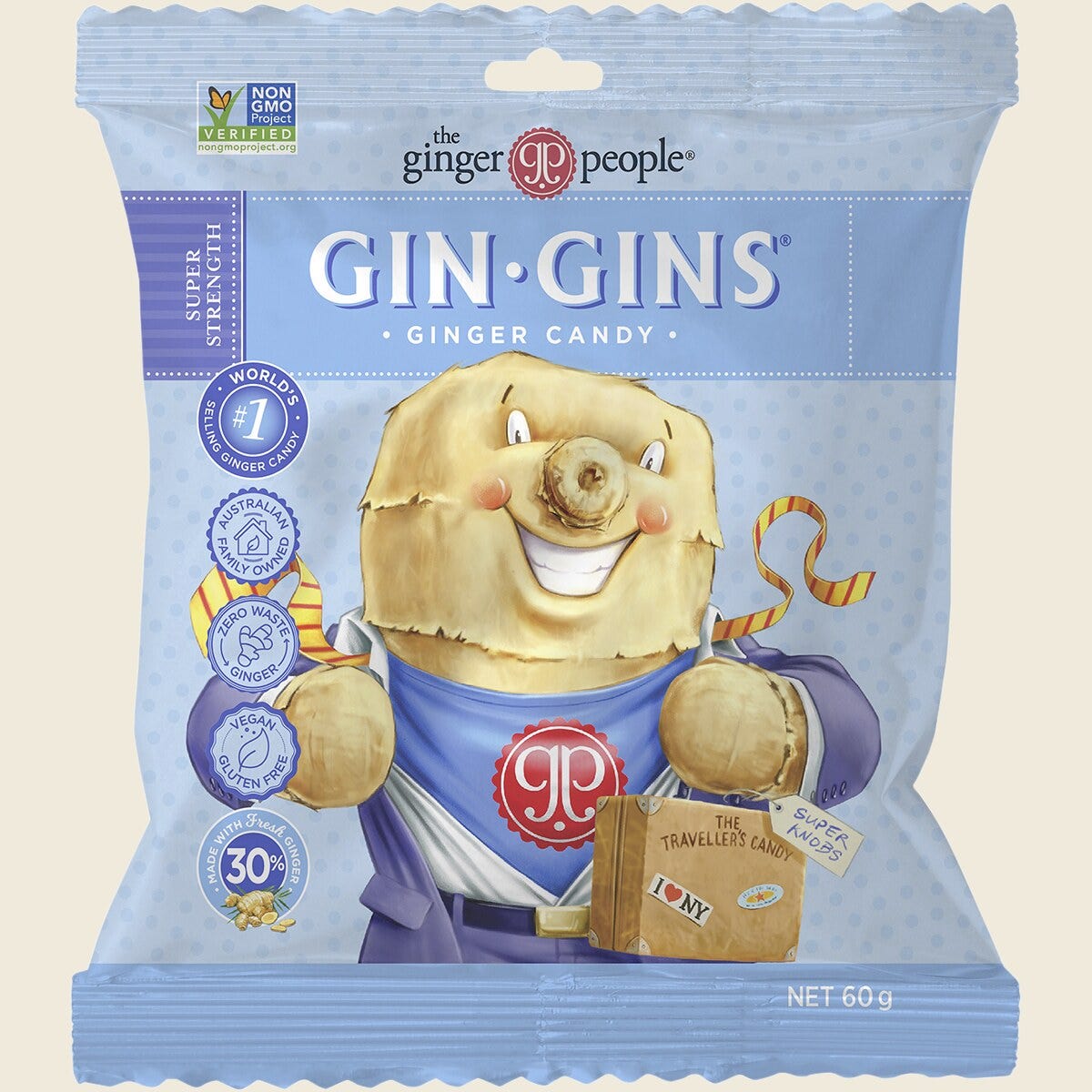 The Ginger People Gin Gins Ginger Candy Bag Super Strength 12 x 60g Front