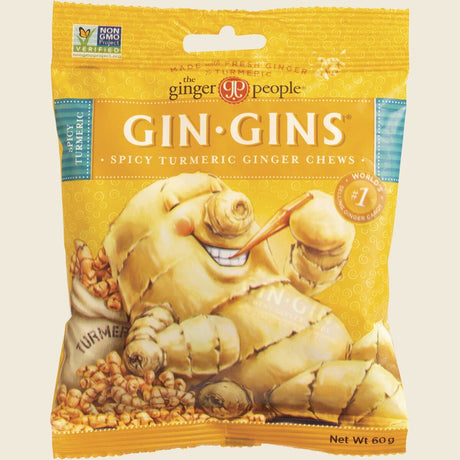 The Ginger People Gin Gins Ginger Candy Bag Chewy Spicy Turmeric 12 x 60g Front