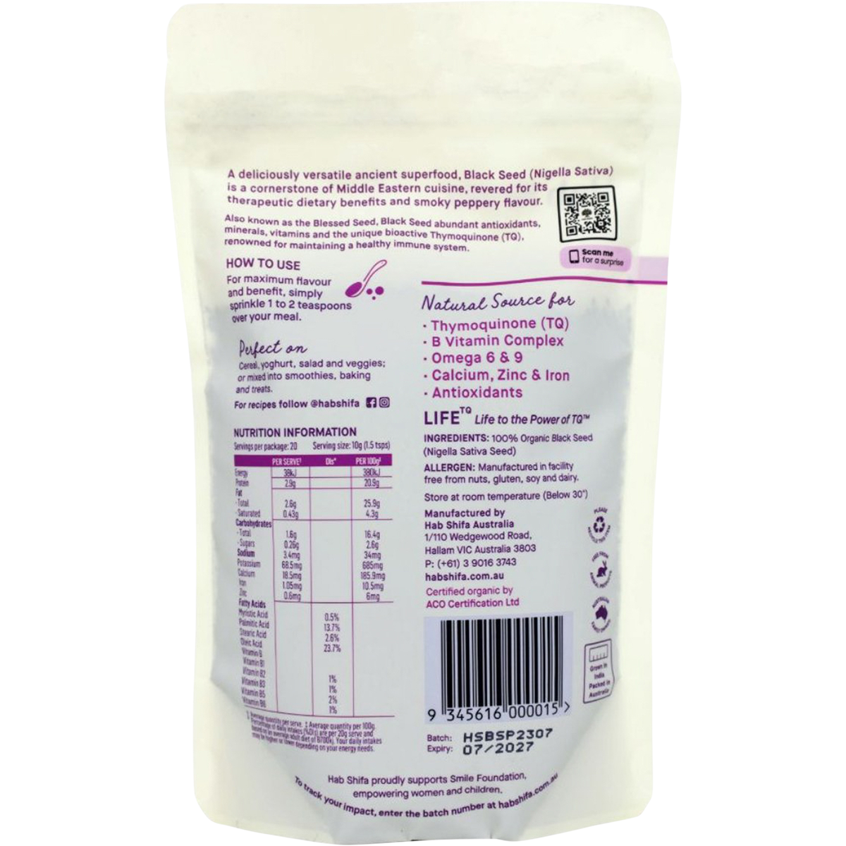 Hab Shifa Certified Organic Black Seed (Nigella Sativa) 200g back view
