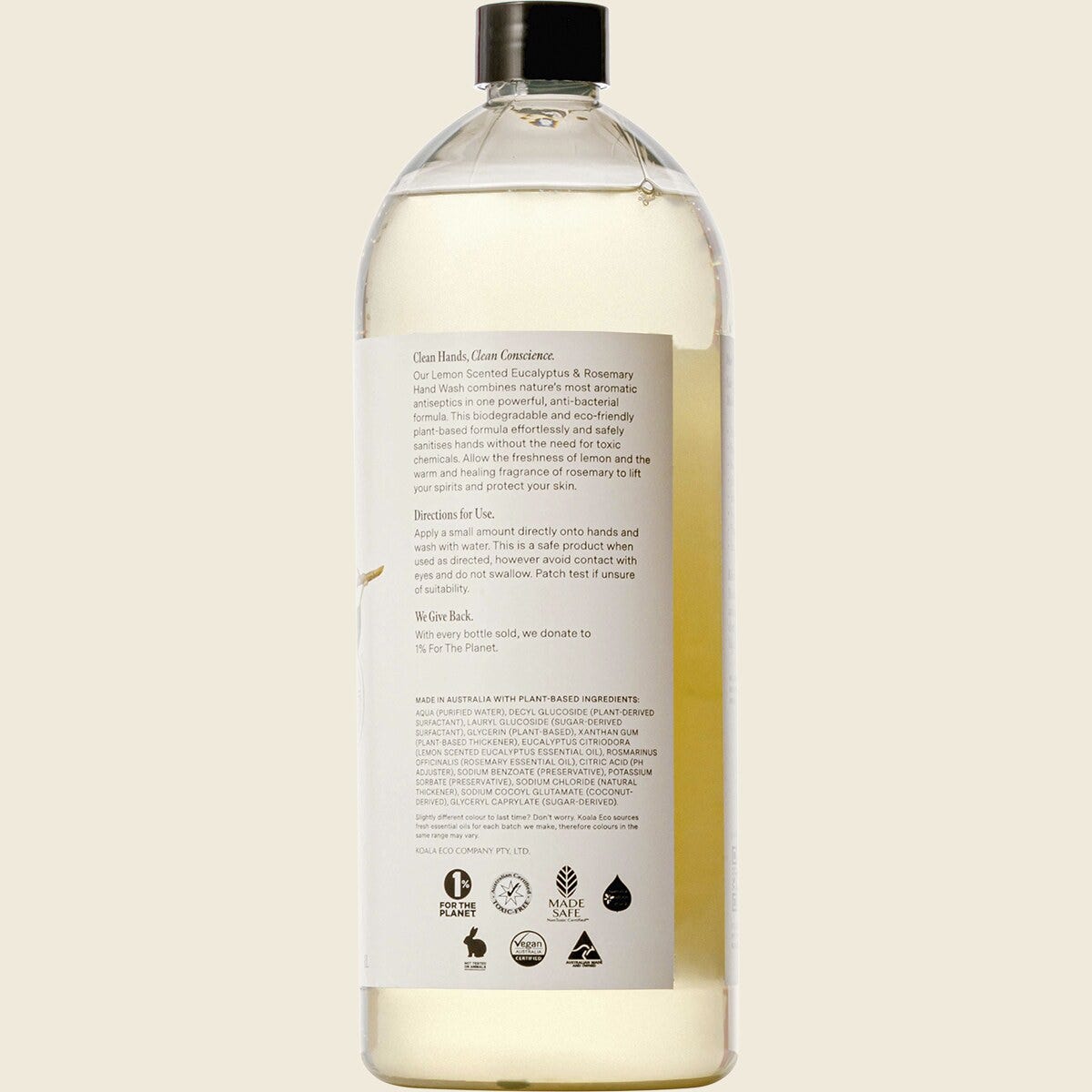 Koala Eco Hand Wash Lemon Scented Eucalyptus & Rosemary 1L Side