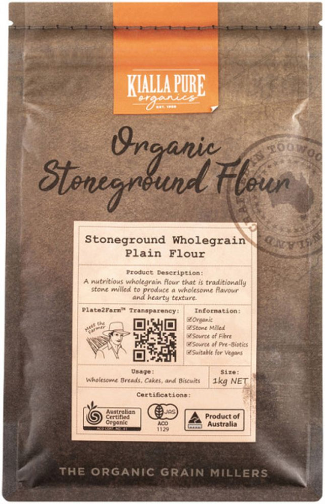 Kialla Organic Stoneground Wholegrain Plain Flour 1kg Front