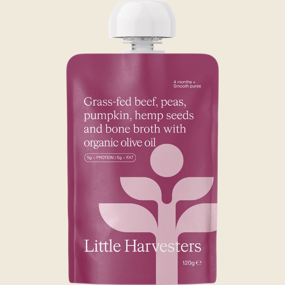 Little Harvesters Grass-Fed Beef, Peas, Pumpkin,Hemp Seeds & Bone Broth 120g Pack of 6 Front