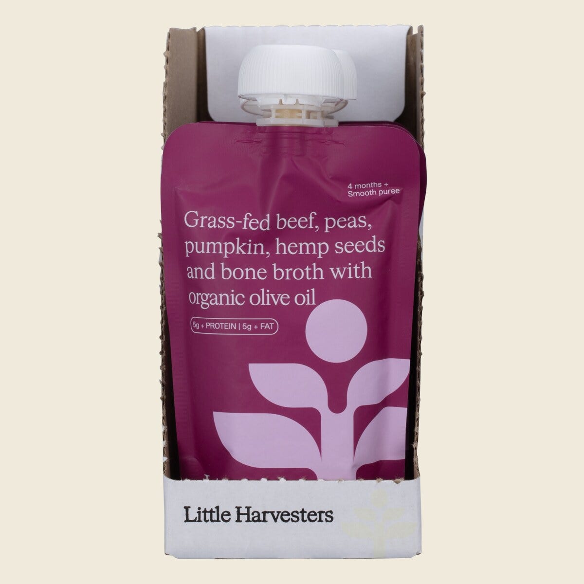 Little Harvesters Grass-Fed Beef, Peas, Pumpkin,Hemp Seeds & Bone Broth 120g Pack of 6 Display