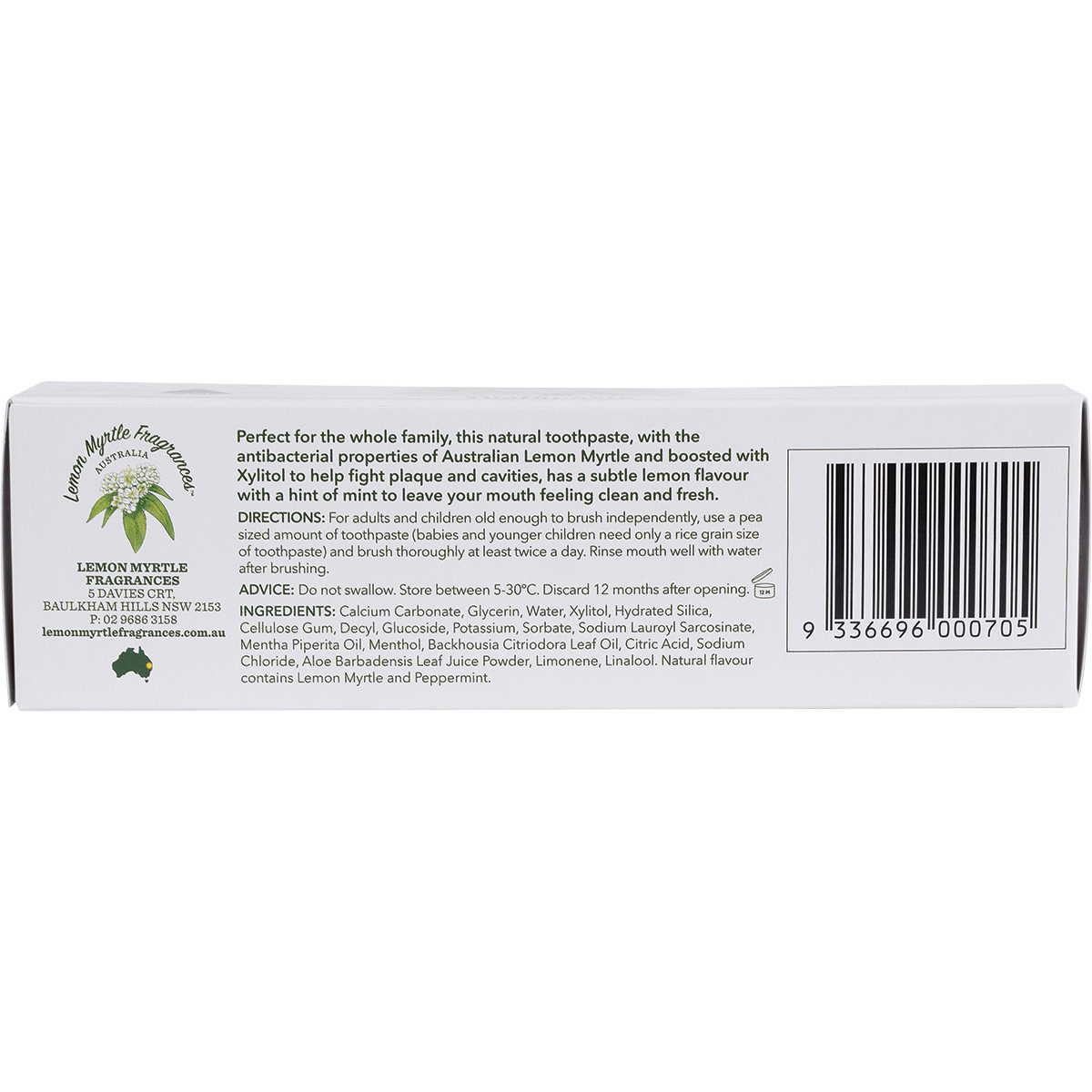 Lemon Myrtle Fragrances Toothpaste Lemon Myrtle 150g bottom view