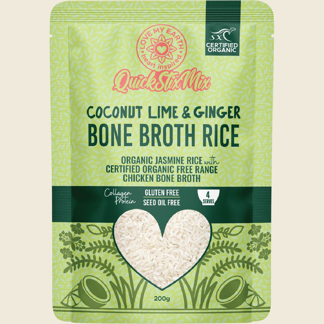 Love My Earth Quick Stix Mix Organic Bone Broth Rice Coco Lime Ginger 200g front