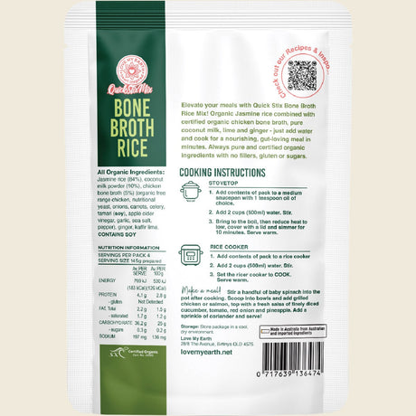 Love My Earth Quick Stix Mix Organic Bone Broth Rice Coco Lime Ginger 200g back