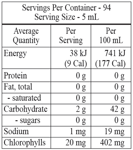 Natures Sunshine Liquid Chlorophyll 473ml Nutritional Information