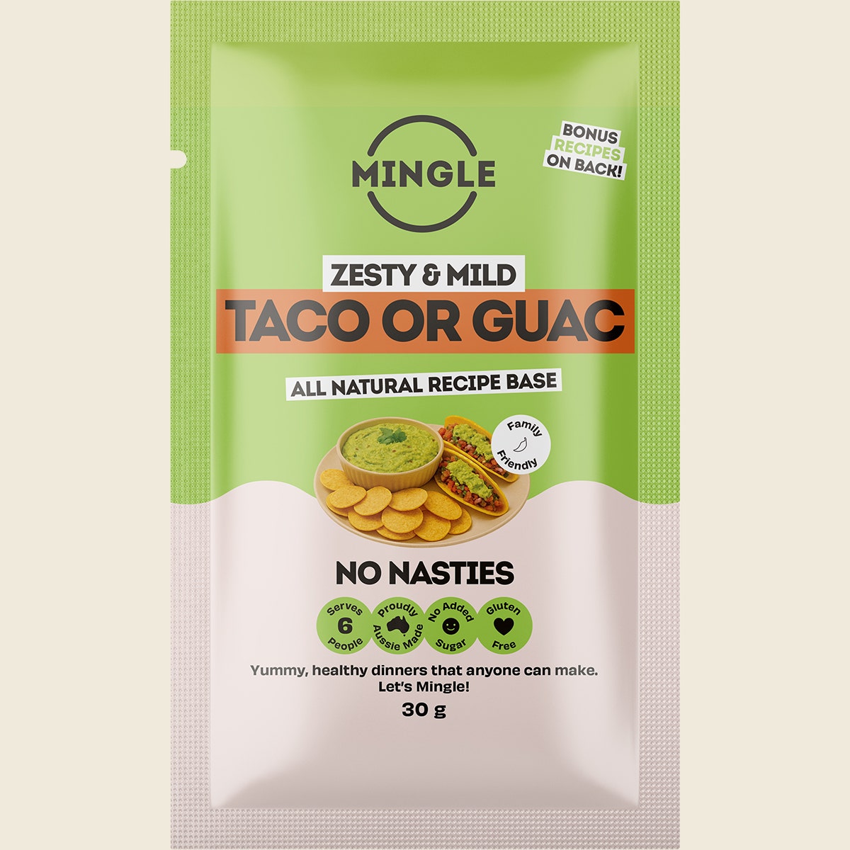 Mingle Taco or Guac All Natural Recipe Base 30g x 12-pack front