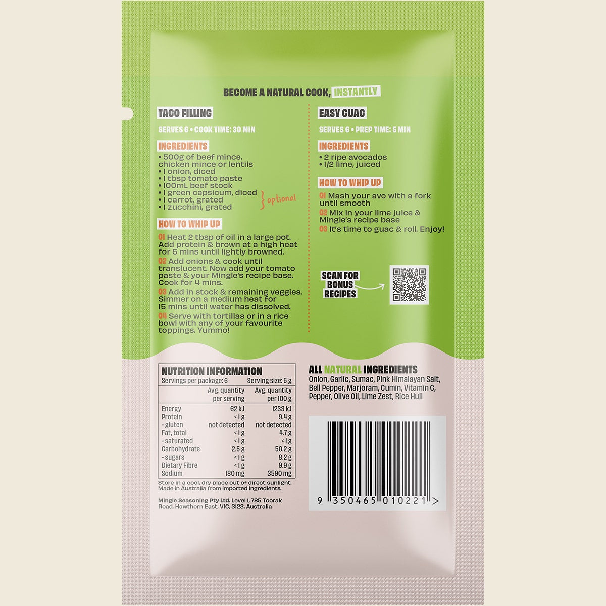Mingle Taco or Guac All Natural Recipe Base 30g x 12-pack back