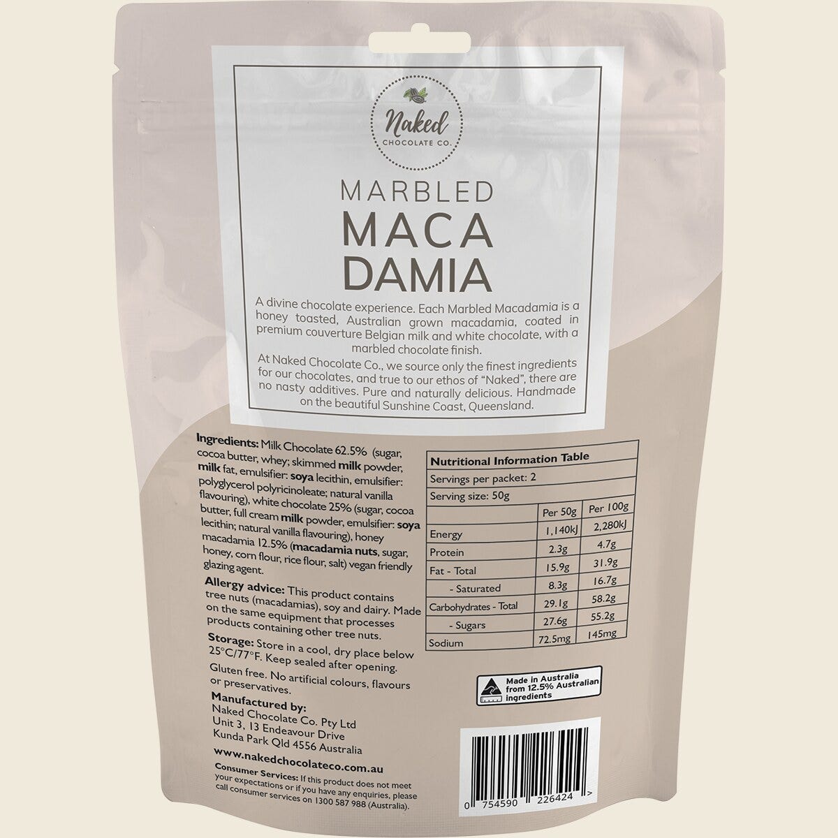 Naked Chocolate Co Marbled Macadamia Milk and White Chocolate 100g