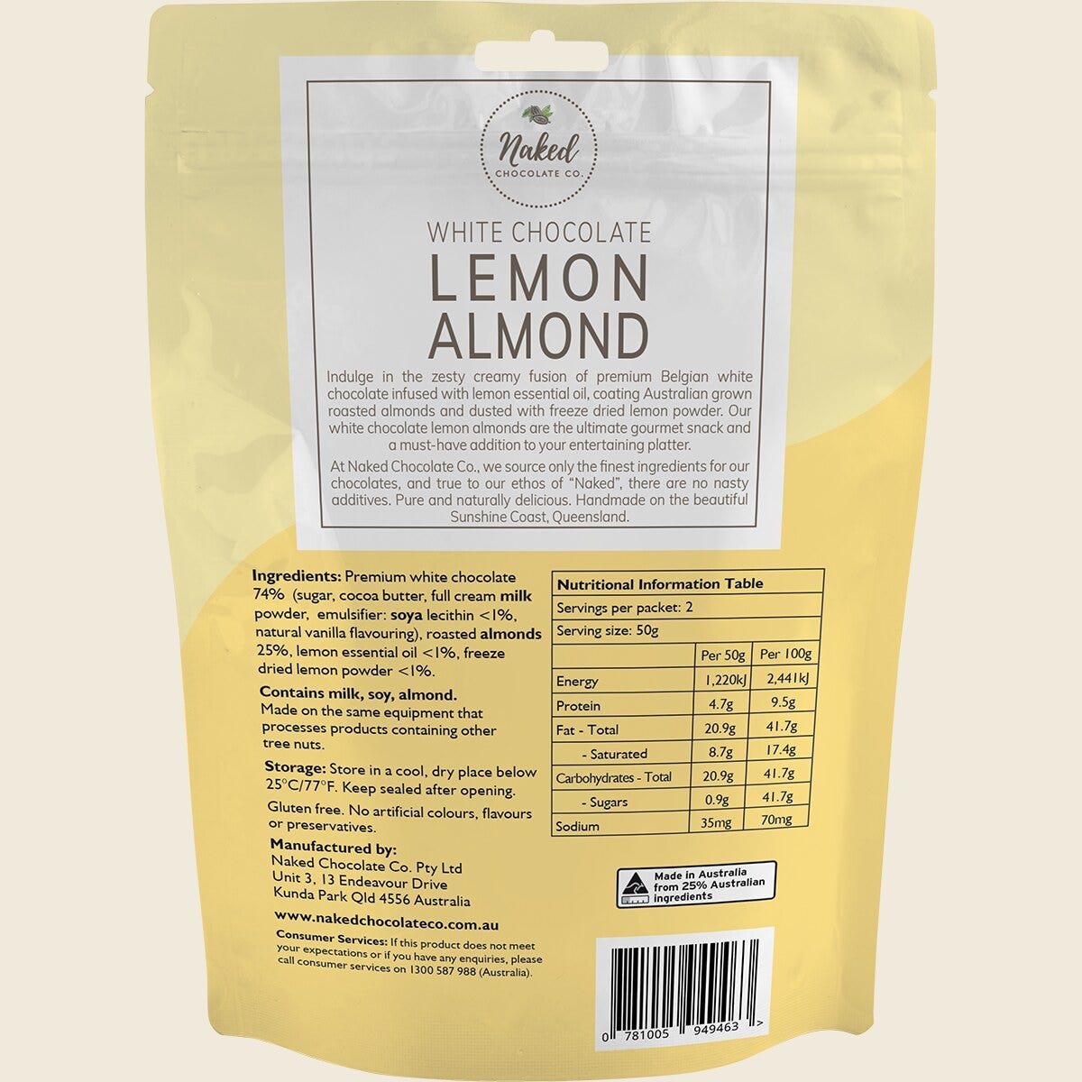Naked Chocolate Co Lemon Almond White Chocolate 100g