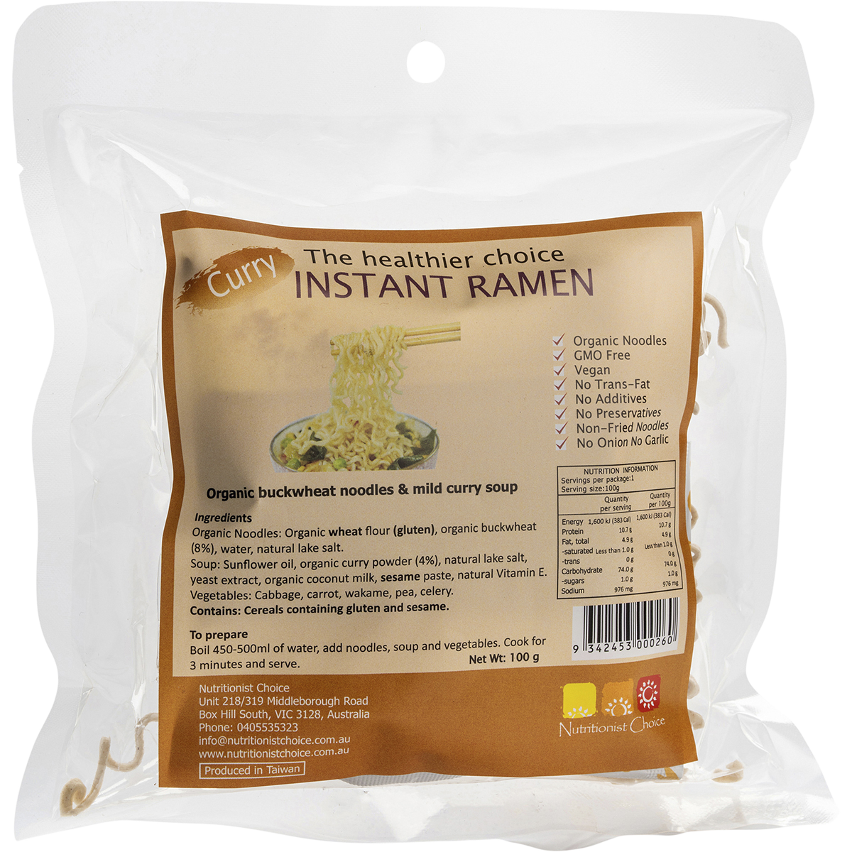 Nutritionist Choice Instant Buckwheat Ramen Mild Curry 100g – front product packaging