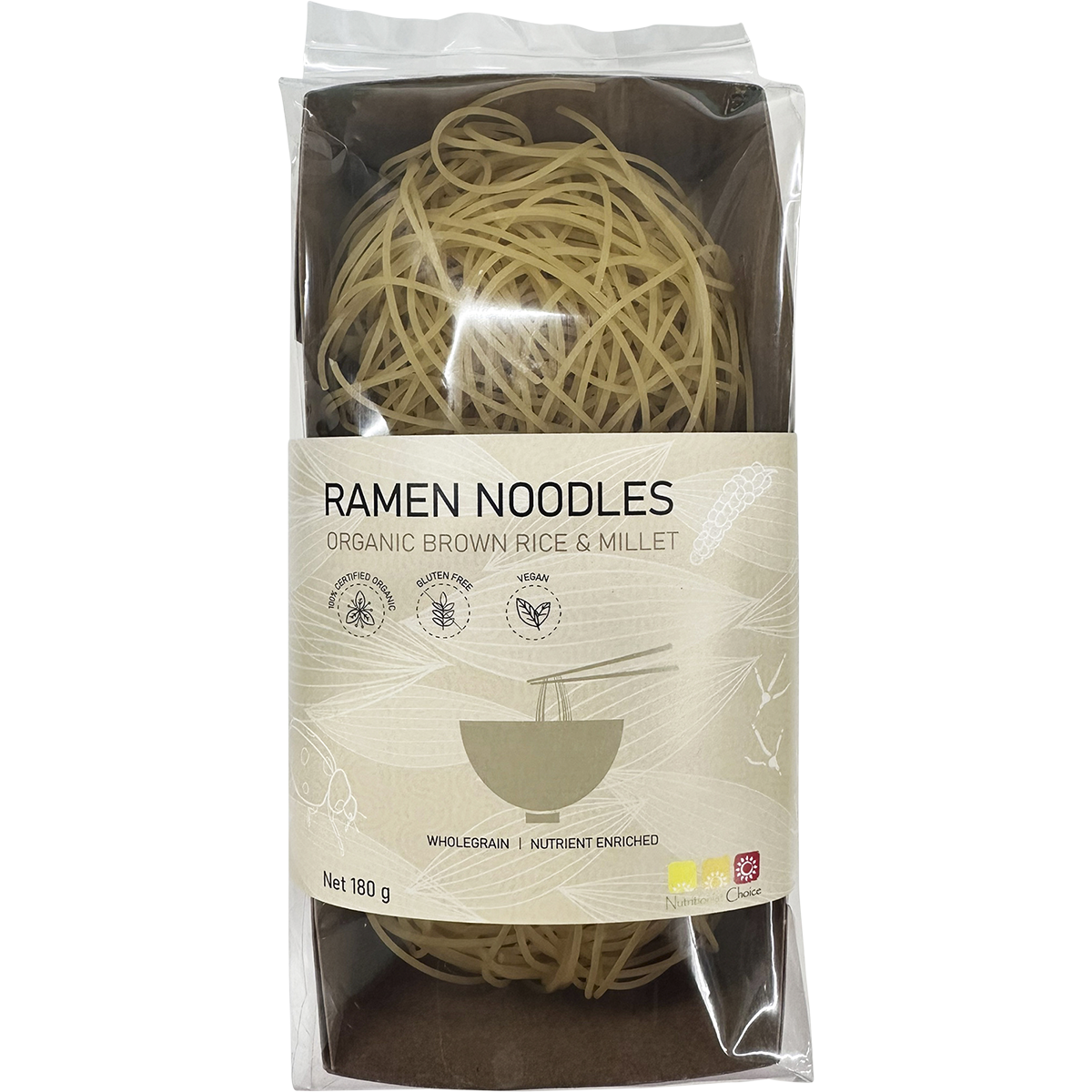 Nutritionist Choice Certified Organic Brown Rice & Millet Ramen Noodles 180g – front product packaging