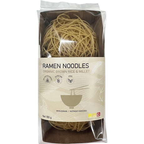 Nutritionist Choice Certified Organic Brown Rice & Millet Ramen Noodles 180g – front product packaging