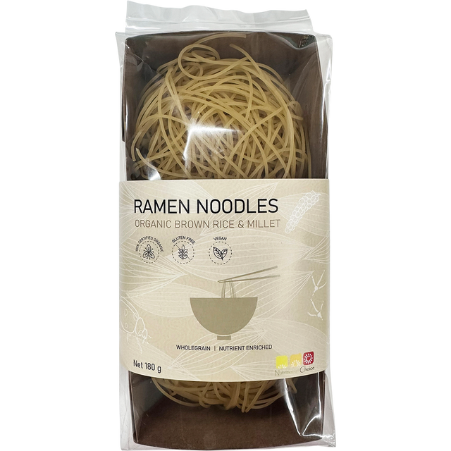 Nutritionist Choice Certified Organic Brown Rice & Millet Ramen Noodles 180g – front product packaging