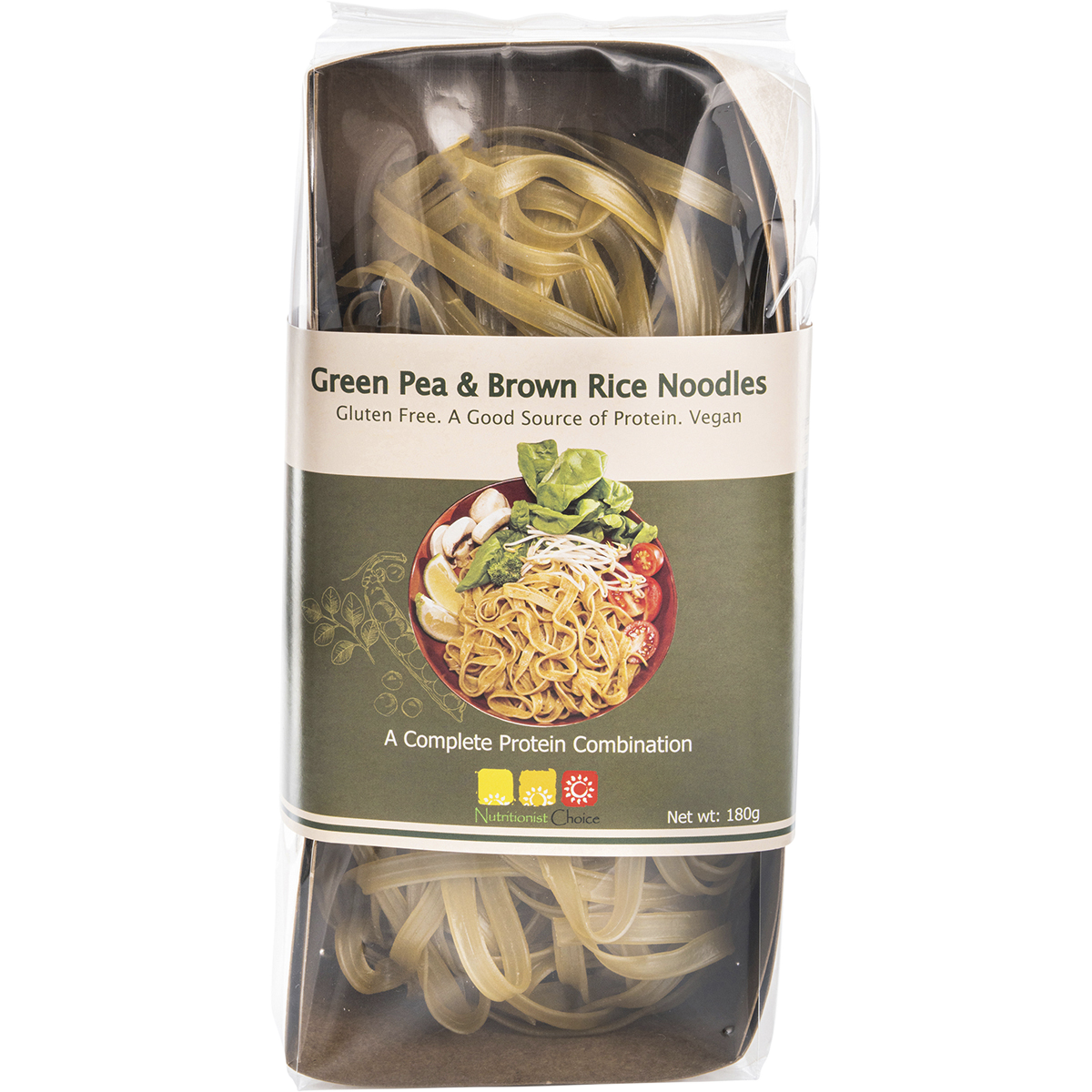 Nutritionist Choice Green Pea & Brown Rice Noodles 180g – front product packaging