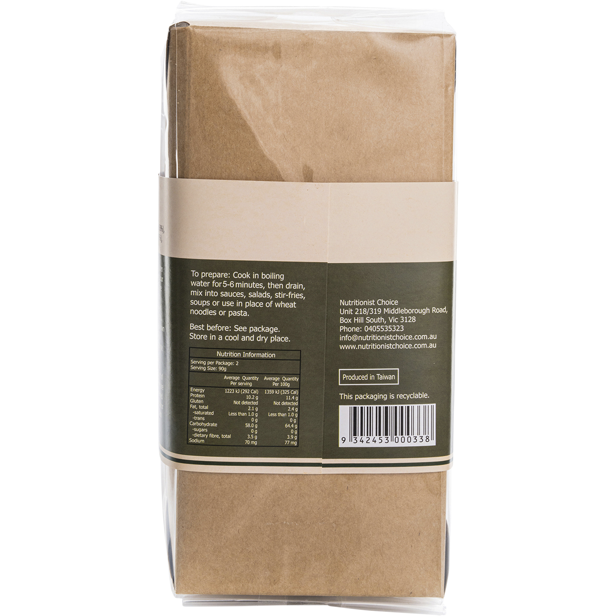 Nutritionist Choice Green Pea & Brown Rice Noodles 180g – back packaging