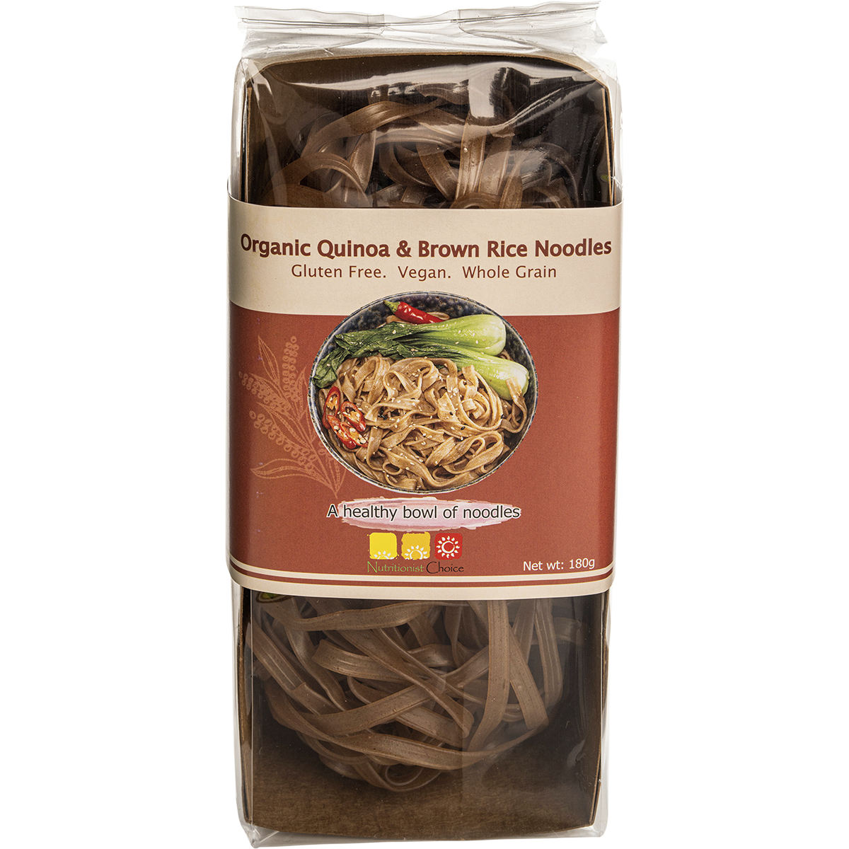 Nutritionist Choice Certified Organic Quinoa & Brown Rice Noodles 180g – front product packaging