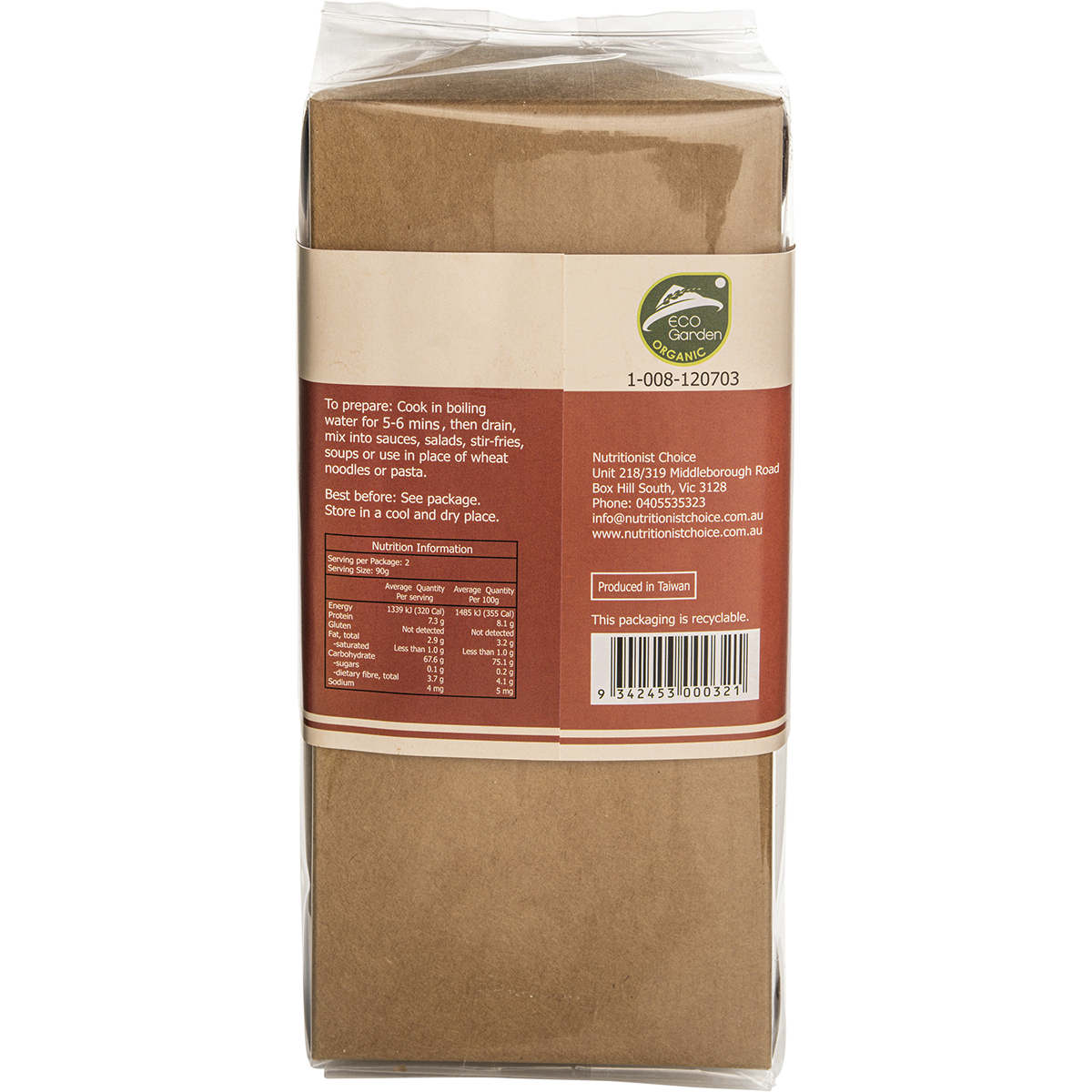 Nutritionist Choice Certified Organic Quinoa & Brown Rice Noodles 180g – back packaging