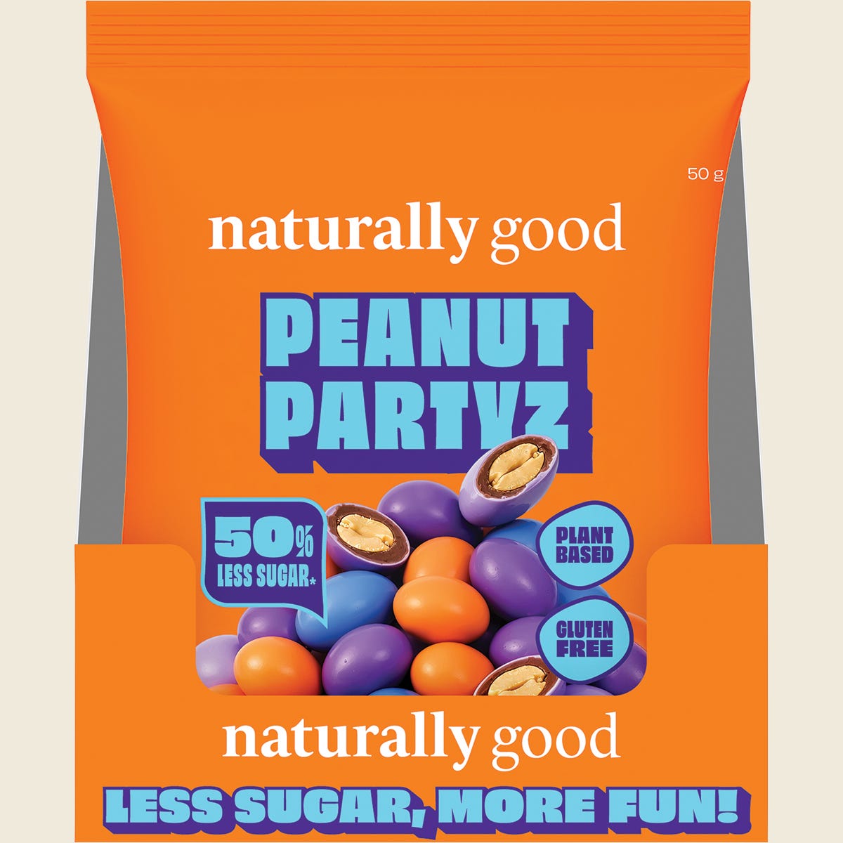 Naturally Good Peanut Partyz 50% Less Sugar 50g – display carton
