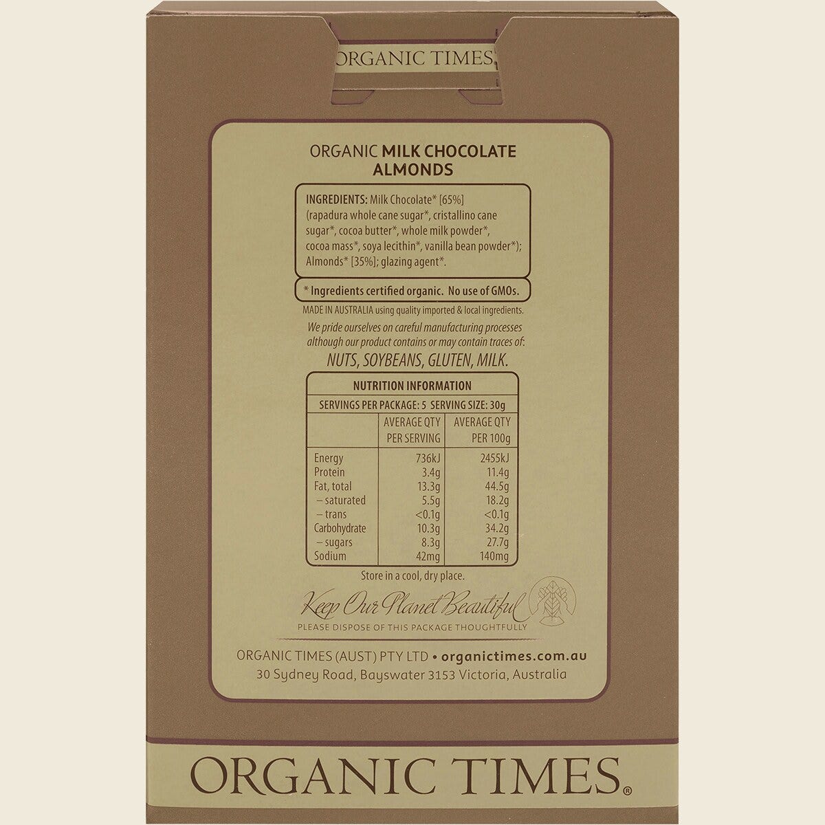 Organic Times Certified Organic Milk Chocolate & Almonds 150g