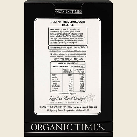 Organic Times Certified Organic Milk Chocolate & Licorice 150g