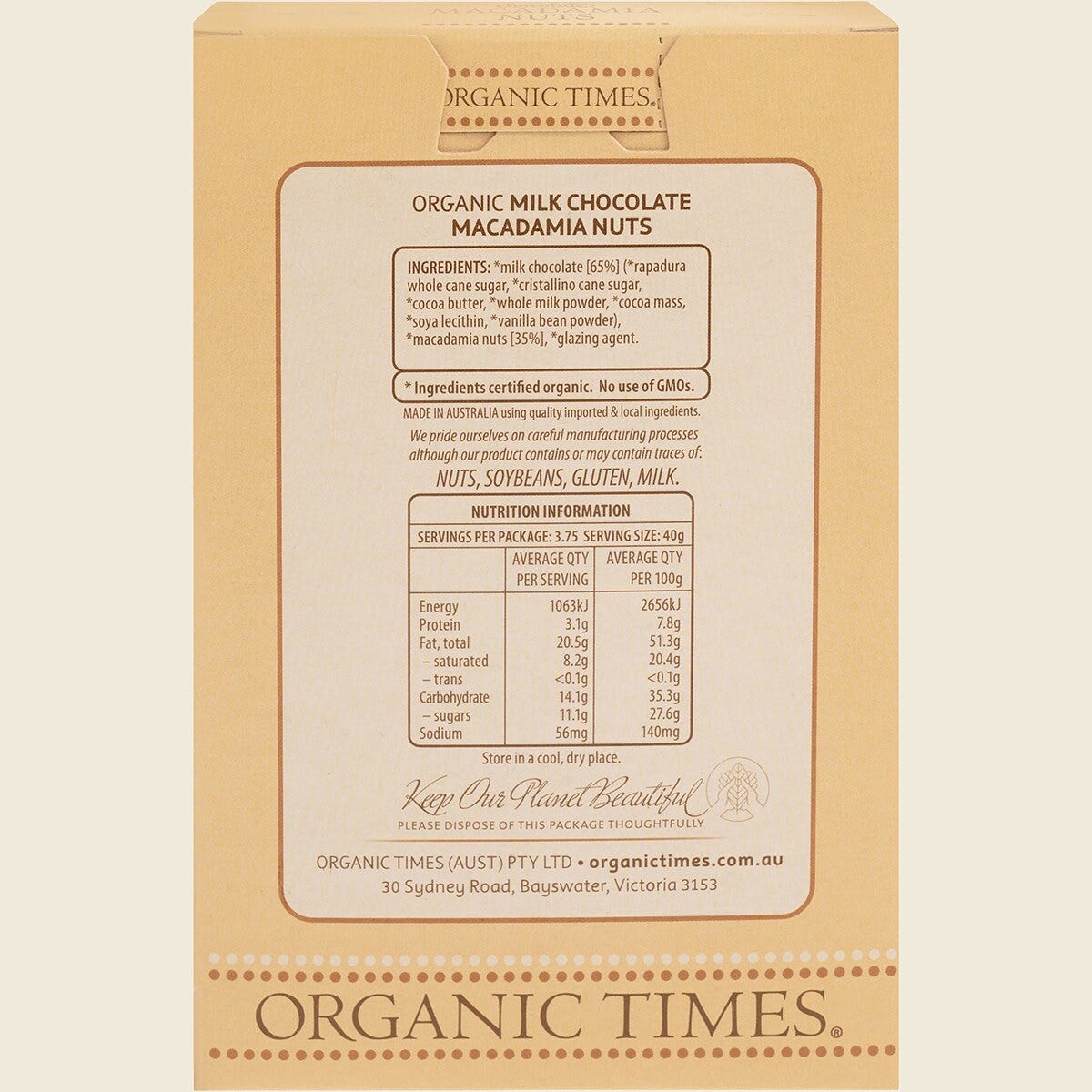 Organic Times Certified Organic Milk Chocolate & Macadamia Nuts 150g